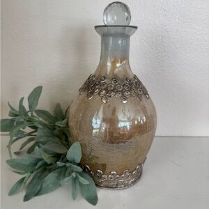 Vintage Crackle Amber Glass Ornate Metal Wine Decanter Bottle